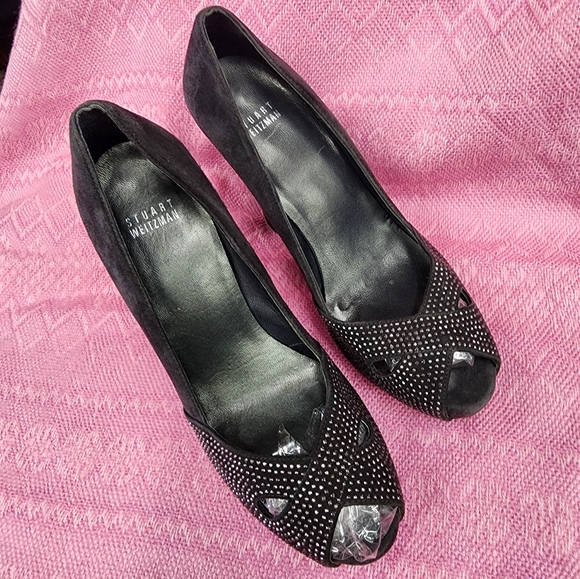 Stuart Weitzman Charcoal Peep Toe Jeweled …size 7.5 - Picture 2 of 16